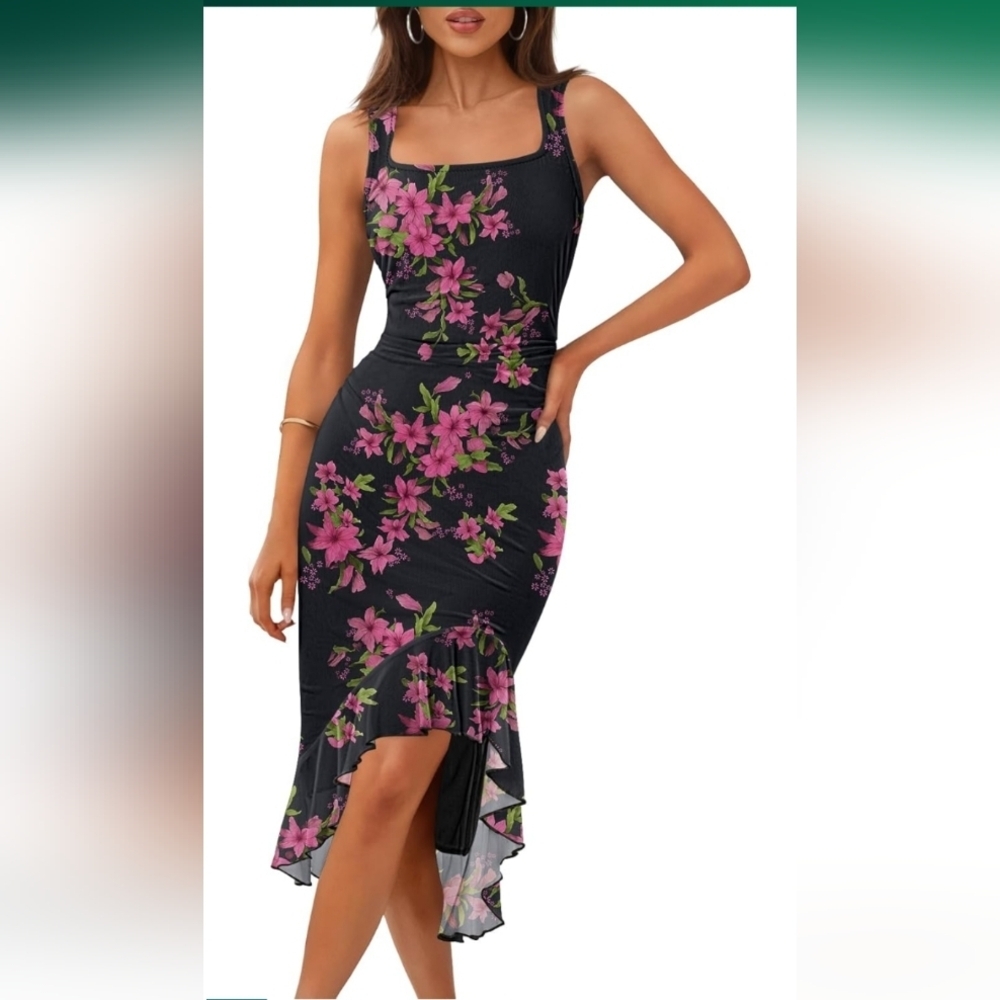 MEROKEETY Floral Midi Bodycon Dress Square Neck Sleeveless Ruffle Hem Black XL